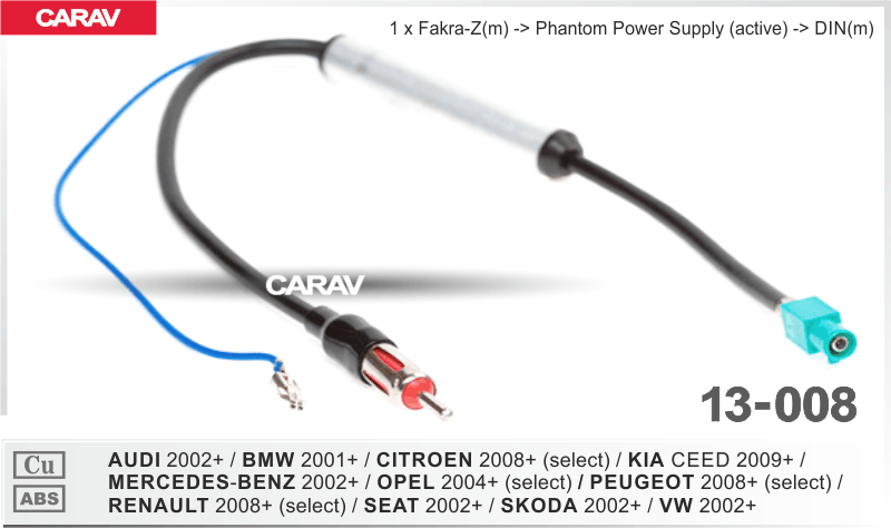 Adaptador de Antena con Booster Carav para Audi 2002+ / BMW 2001+ / Citroen 2008+ / Mercedes Benz 2002+ / Peugeot 2008+ / Renault 2008+ / Seat 2002+ / VW 2002+