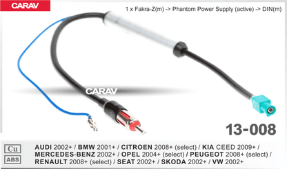 Adaptador de Antena con Booster Carav para Audi 2002+ / BMW 2001+ / Citroen 2008+ / Mercedes Benz 2002+ / Peugeot 2008+ / Renault 2008+ / Seat 2002+ / VW 2002+