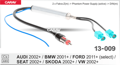 Adaptador de Antena con Booster + Doble Entrada Carav para Audi 2002+ / BMW 2001+/ Ford 2011+ / Seat 2002+ / VW 2002+